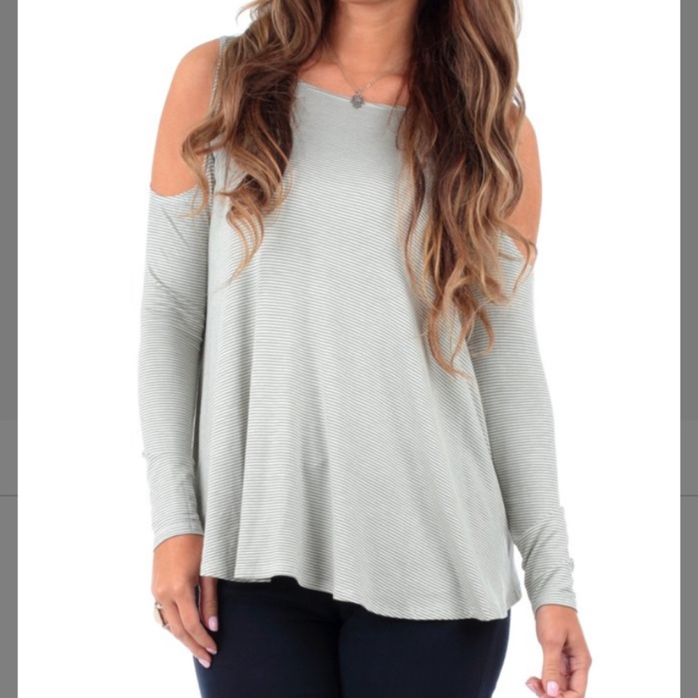 Sage Stripe Drape Cold Shoulder Tunic